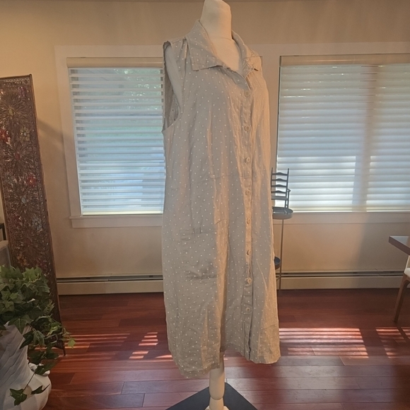 FLAX 100% Linen Lagenlook Sleeveless Polka Dot Shift Dress Gray White Medium - Picture 3 of 10